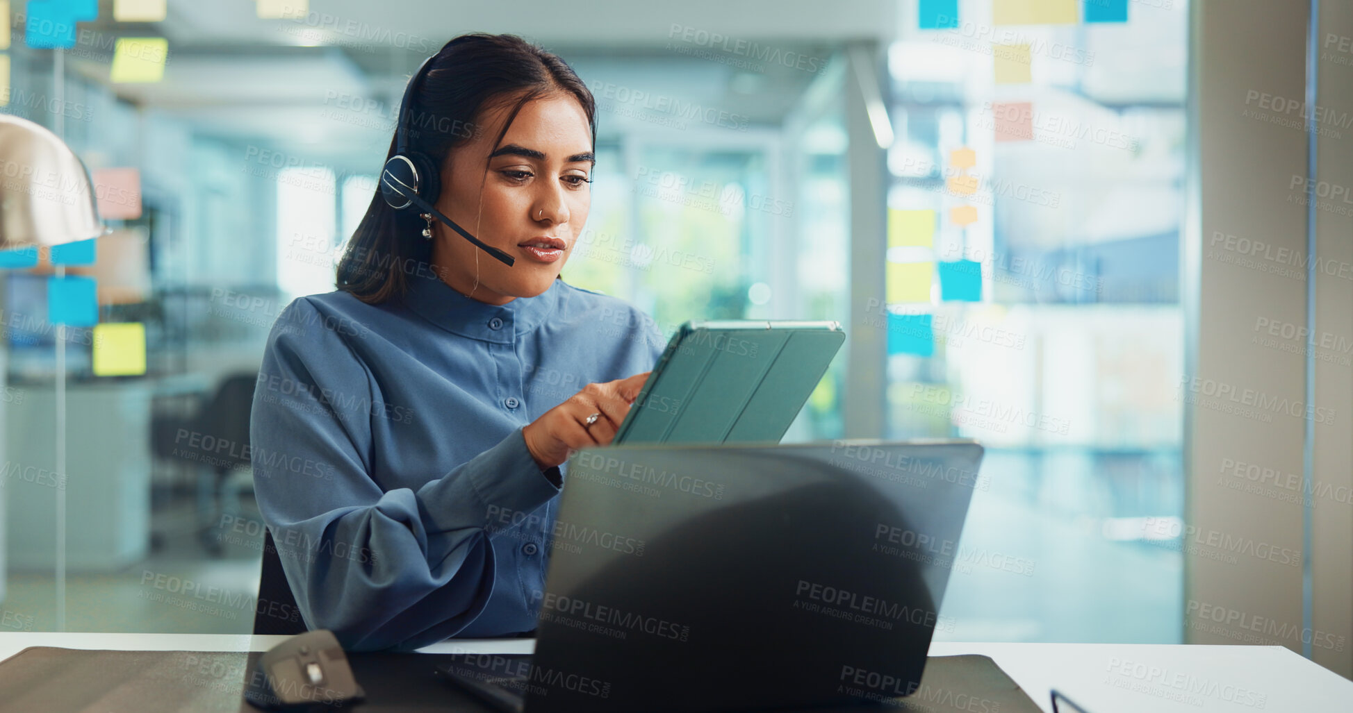 Buy stock photo Woman, headset and laptop with tablet for communication, digital interaction or online engagement at office. Female person, consultant or agent with technology app for remote advice, UI support or UX