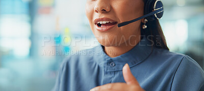 Buy stock photo Woman, mouth and consultant with headset for online advice, help or support at office. Closeup, banner or female person talking with mic for CRM, communication or virtual assistant at call agency