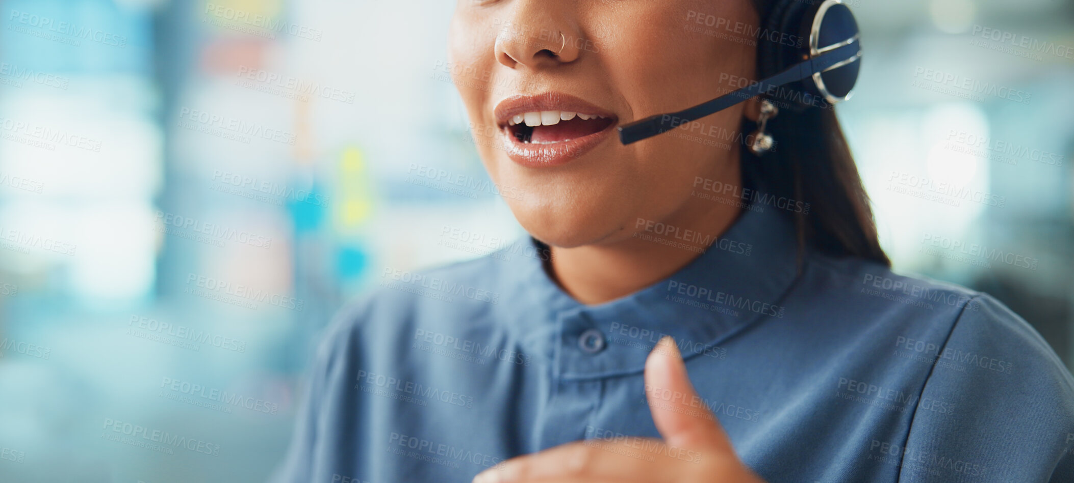 Buy stock photo Woman, mouth and consultant with headset for online advice, help or support at office. Closeup, banner or female person talking with mic for CRM, communication or virtual assistant at call agency