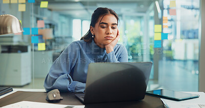 Buy stock photo Bored, laptop and tired with business woman at desk in office for administration or planning. Computer, exhausted or fatigue and employee with depression in workplace for compliance or deadline