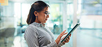 Business, tablet and woman in office, profile or connection with social media, digital app or editing. Email for review, copywriting or journalist in workplace, tech or productivity with website info