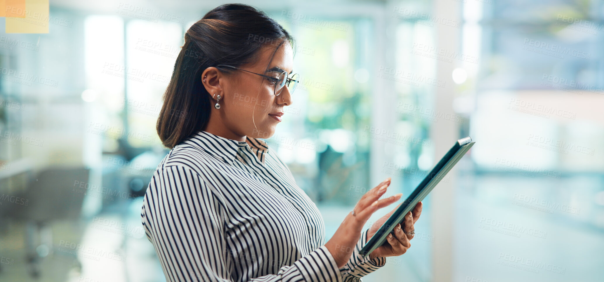 Buy stock photo Business, tablet and woman in office, profile or connection with social media, digital app or editing. Email for review, copywriting or journalist in workplace, tech or productivity with website info