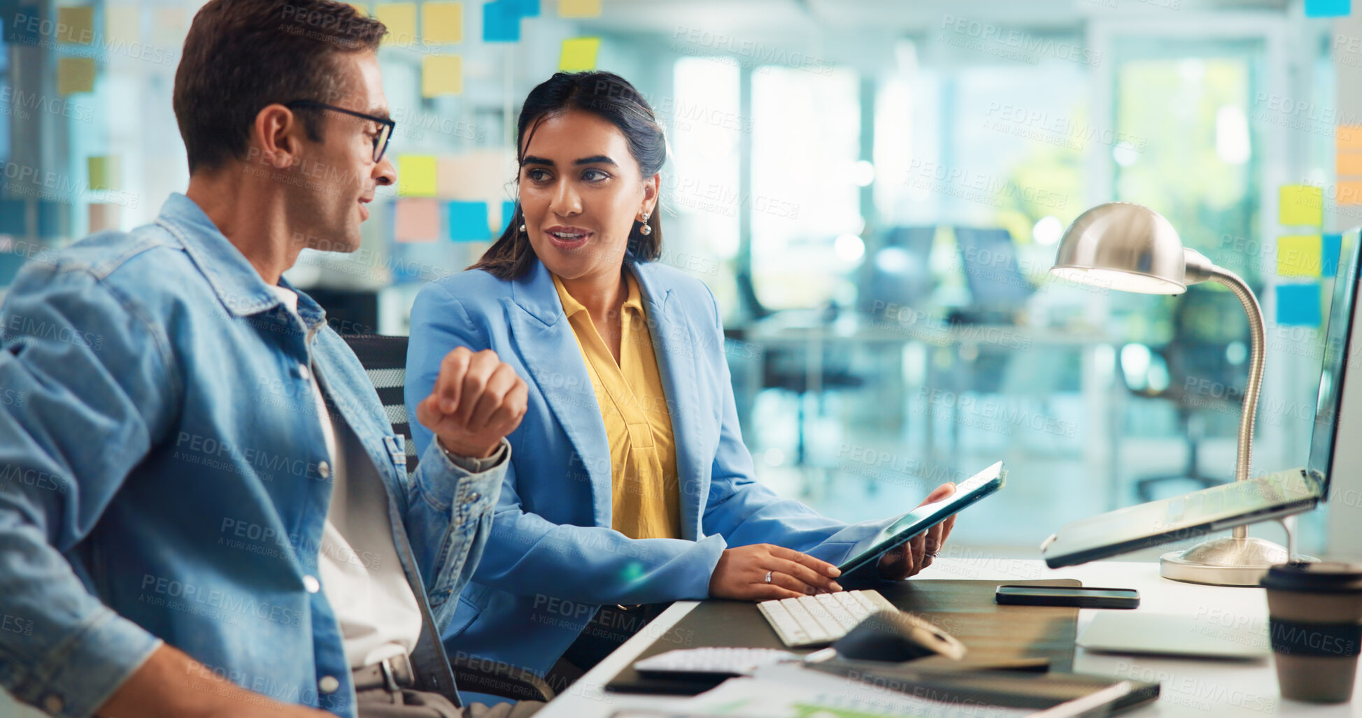 Buy stock photo Tablet, talking and business people in office, teamwork and planning for project. Creativity, coworking and employees with technology, brainstorming for sales agency or collaboration with digital app