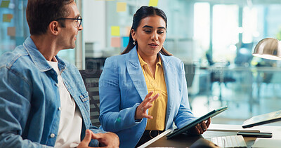 Buy stock photo Tablet, conversation and business people in office, teamwork and planning for project. Email, coworking and employees with tech, brainstorming for sales agency or cooperation with digital app or talk