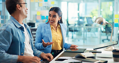 Buy stock photo Business people, laptop and teamwork in office, conversation and meeting for feedback. Employees, coworking and consultant for sales agency, pc and discussion with productivity, talking and review
