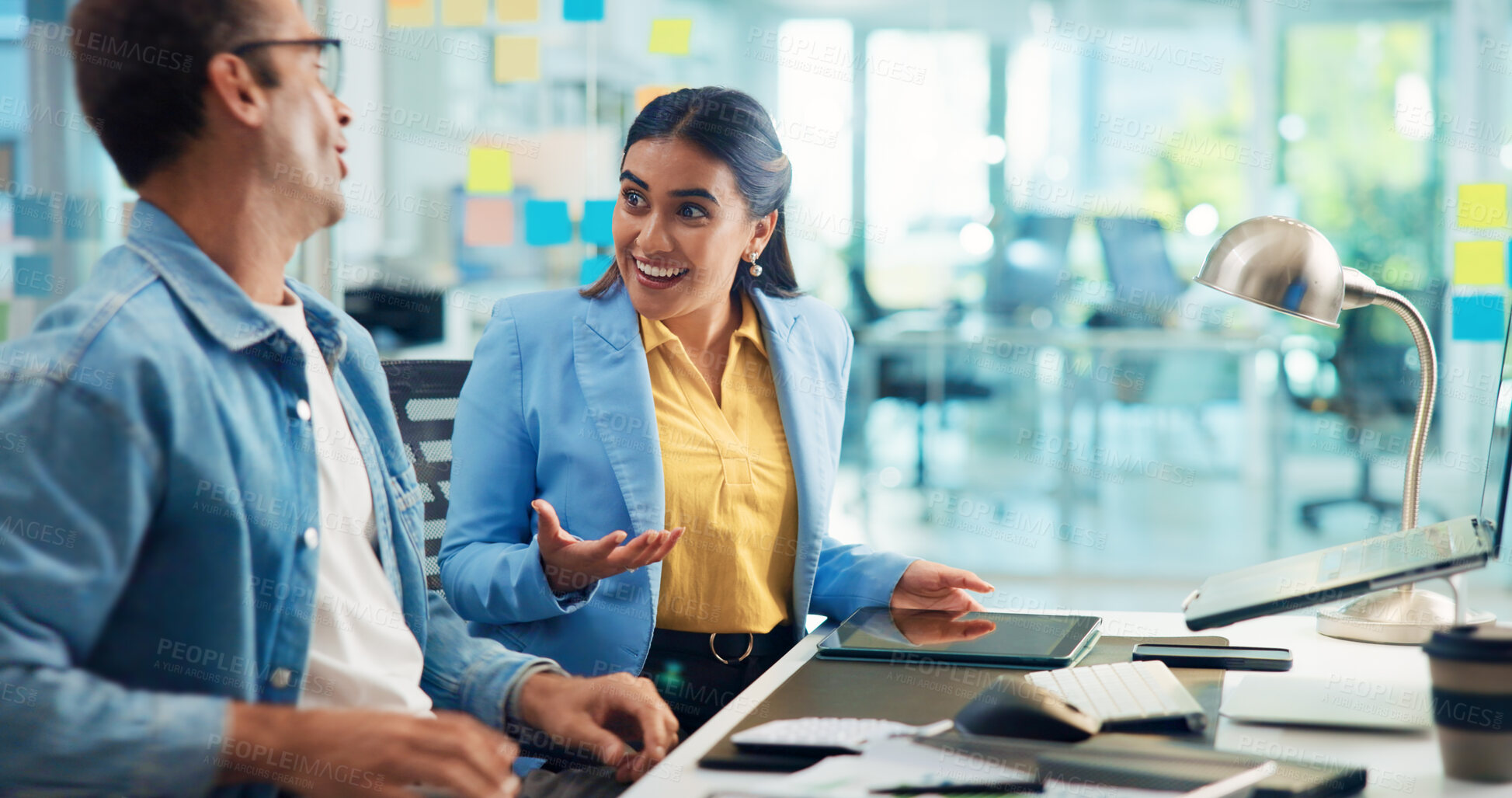 Buy stock photo Business people, laptop and teamwork in office, conversation and meeting for feedback. Employees, coworking and consultant for sales agency, pc and discussion with productivity, talking and review