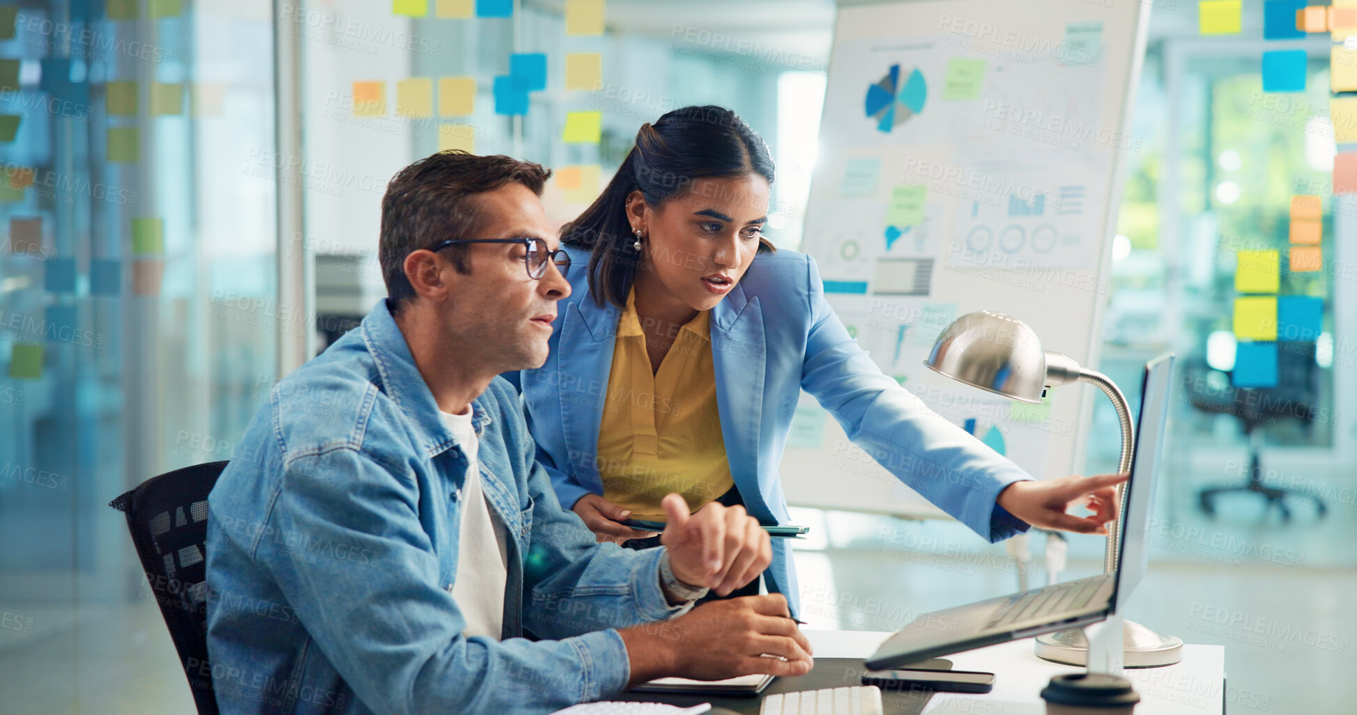 Buy stock photo Business people, laptop and teamwork in office, internet and meeting for profit growth, talk and website info. Employees, coworking or consultant for sales agency, pc and connection with productivity