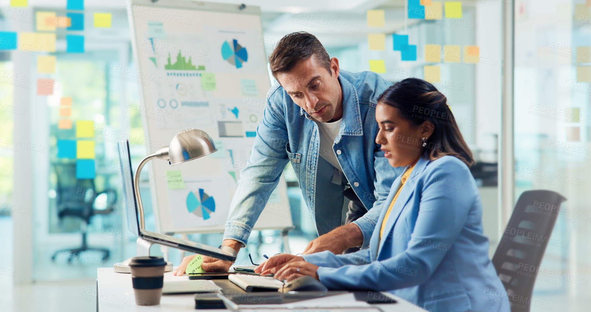 Buy stock photo Business people, laptop and typing in office, conversation and feedback with email for funding application. Employees, coworking and consultant for sales agency, pc and internet with website info