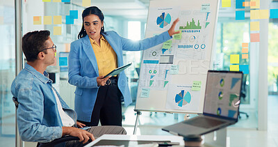 Buy stock photo Tablet, presentation and business people with teamwork, charts for profit growth and planning. Productivity, coworking or employees with tech, brainstorming for sales increase or cooperation with app