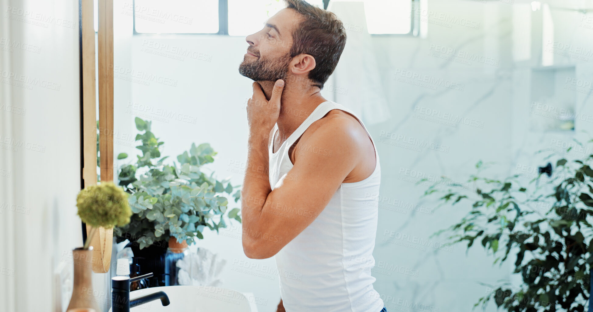 Buy stock photo Beauty, cleaning and mirror with man in bathroom of home for hygiene or morning routine. Profile, satisfaction and skincare with happy person in apartment for grooming, inspection or shaving