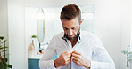 Shirt, outfit and man dressing in home in morning for getting ready with fashion for wardrobe. Style, preparing and male person with button for business clothes for work with formal closet in house.