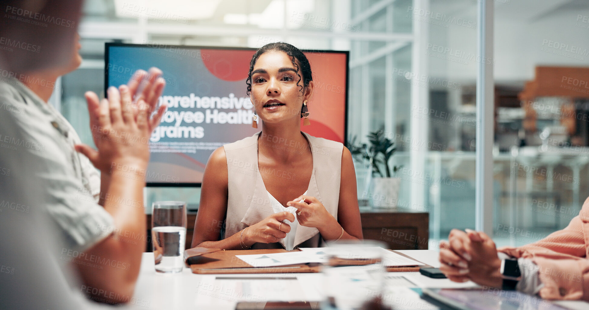 Buy stock photo Collaboration, improvement and meeting with business people in boardroom of office for workshop. Human resources, mental health and presentation with employee team in workplace for staff wellness
