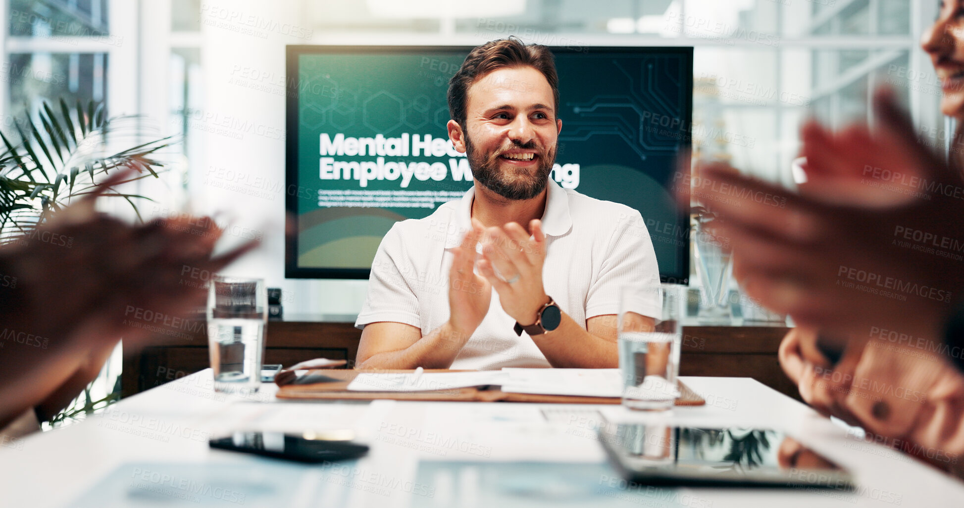 Buy stock photo Applause, meeting and presentation with business people in boardroom of office for workshop goals. Clapping, human resources and mental wellbeing with employee team at work for success or target