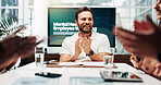 Applause, meeting and mental wellbeing with business people in boardroom of office for workshop goals. Clapping, human resources and presentation with employee team at work for success or target