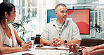 Office, people and businessman with feedback in meeting, employees wellness and health program. Boardroom, colleagues and hr manager with discussion in workshop, support policy and report for review