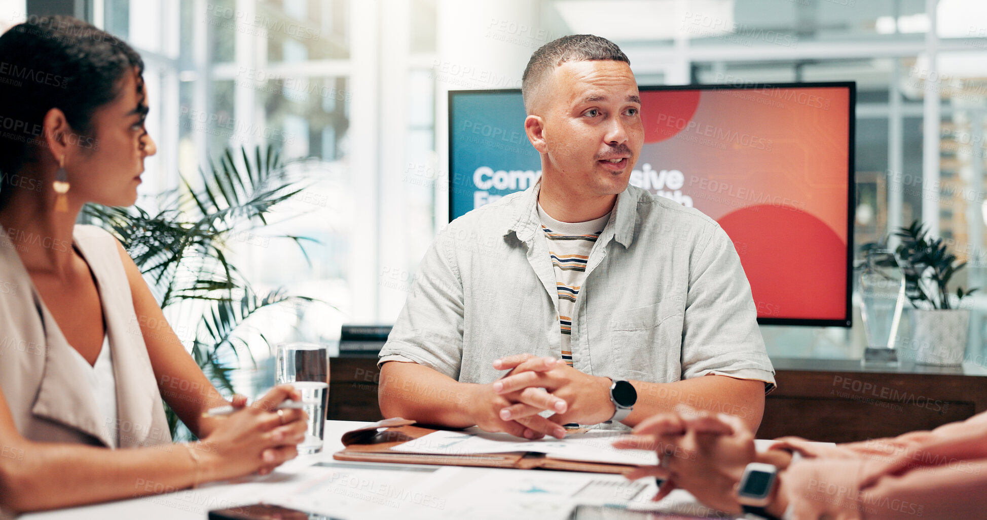 Buy stock photo Office, people and businessman with feedback in meeting, employees wellness and health program. Boardroom, colleagues and hr manager with discussion in workshop, support policy and report for review