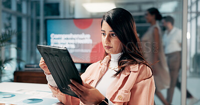 Buy stock photo Research, business woman and tablet in office with data, campaign performance or stats. Technology, serious and worker in creative startup with charts on overtime as health brand specialist at night