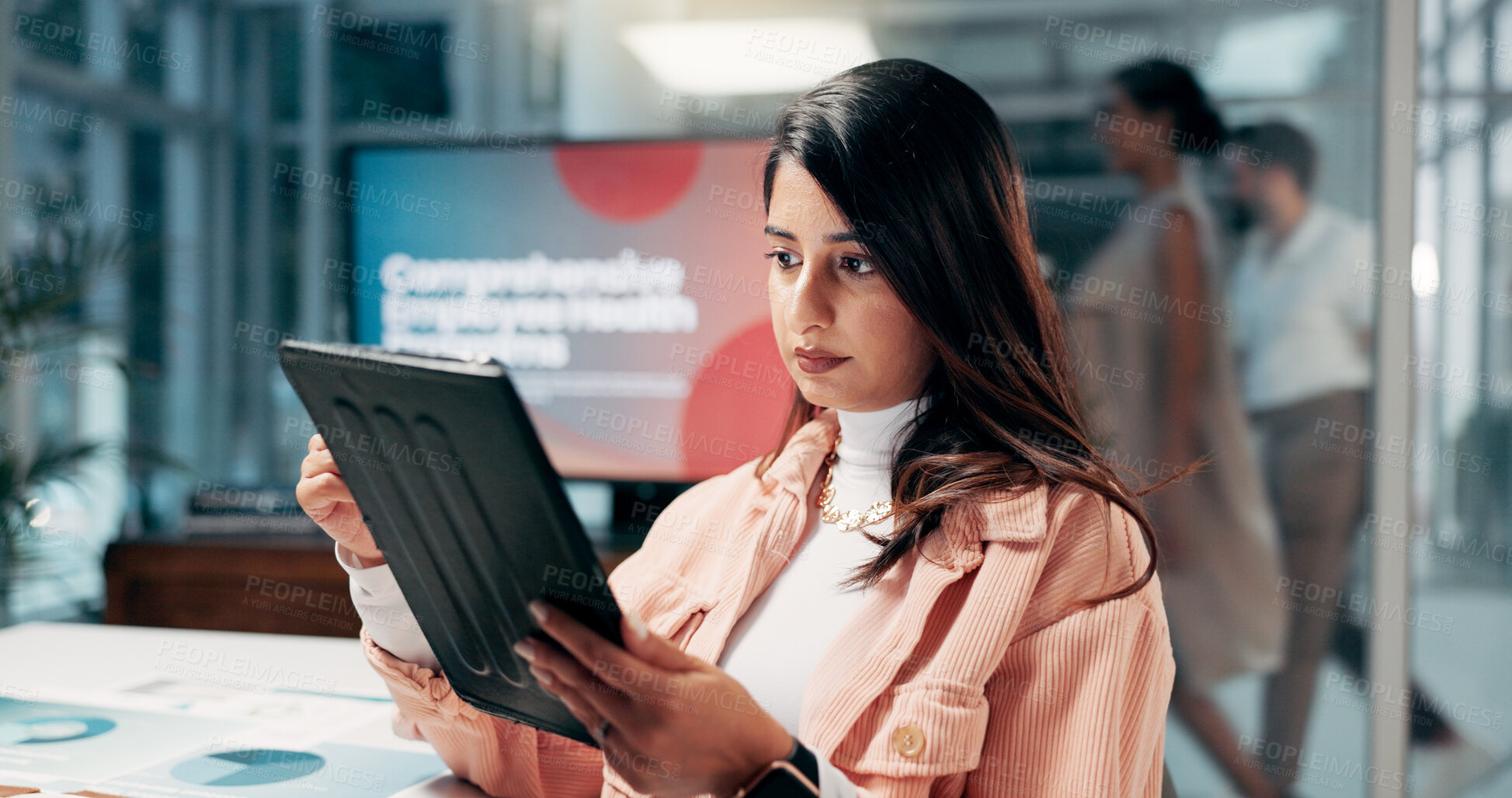 Buy stock photo Research, business woman and tablet in office with data, campaign performance or stats. Technology, serious and worker in creative startup with charts on overtime as health brand specialist at night