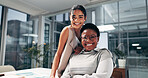 Portrait, confident and women with smile, team and marketing manager with documents and ambitious. Colleagues, collaboration and people with paperwork for  advertising agency, meeting or happy in USA