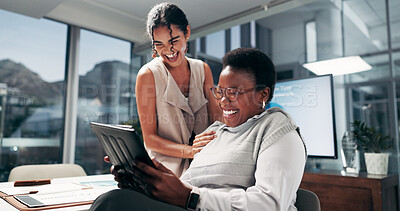 Buy stock photo Design, friends and tablet with business people laughing in office for humor, joke or meme. Collaboration, creative and funny with employee women in workplace for project management or teamwork