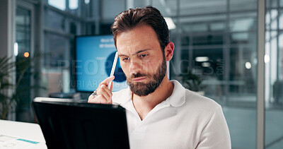 Buy stock photo Thinking, business man and tablet in office for problem solving or reading in startup. Technology, serious and worker with creative ideas, insight or content writer search for inspiration at night