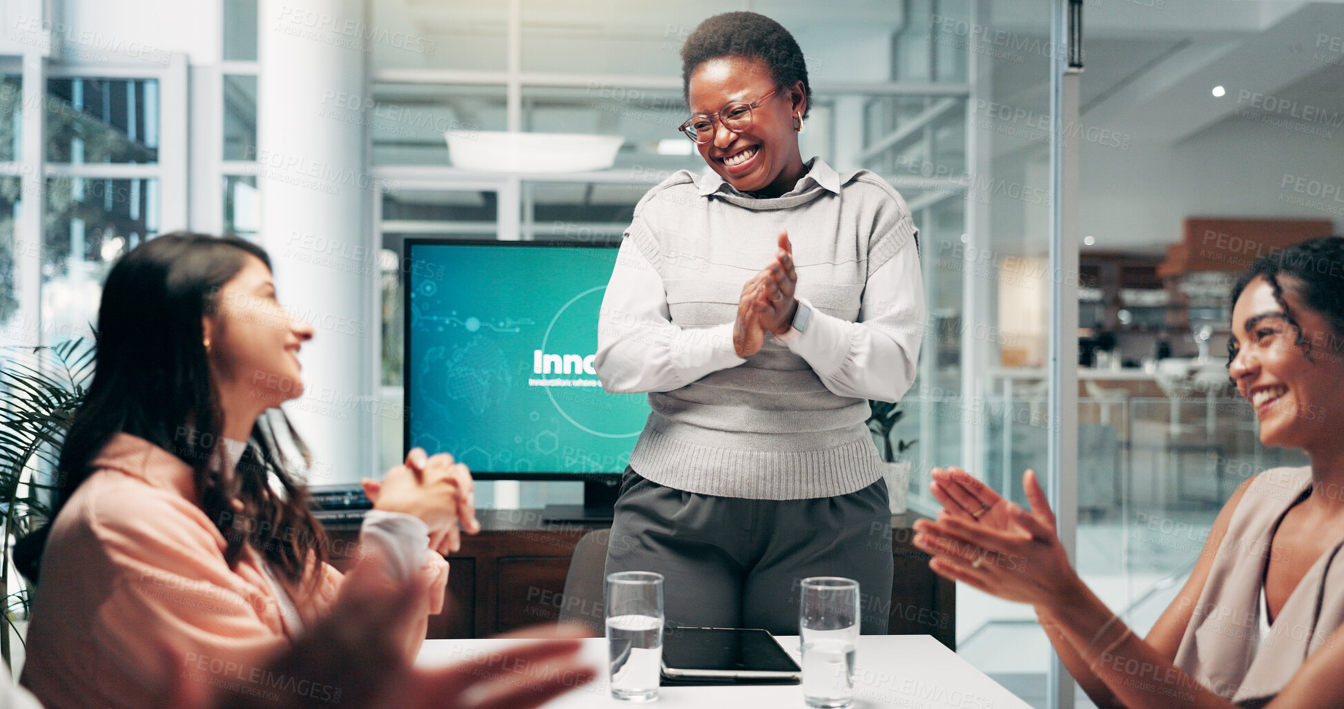 Buy stock photo Business, people and applause for meeting in office of innovation program, celebration and support. Staff, clapping and presentation success with financial solutions, good news and ideas achievement