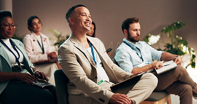 Buy stock photo Conference, office and audience of business man for presentation, seminar and convention. Professional workers, corporate and people listening with notes for meeting, training event and workshop