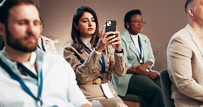 Buy stock photo Business woman, seminar and phone for photography, presentation or share live event on social media. Mobile, picture and audience at conference workshop for learning, convention or corporate training