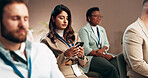 Business woman, conference and mobile with audience for keynote presentation notes, listening or typing info. Phone, group and seminar for learning workshop, texting or reading at corporate training