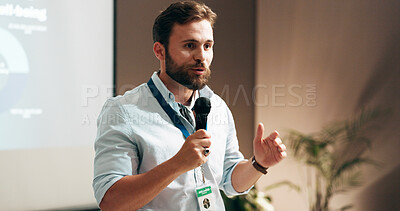 Buy stock photo Businessman, development and presentation with speaker in conference room for wellness training. Education, forum speech and microphone with corporate coach on stage for public relations or seminar