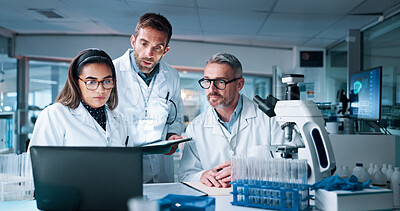Buy stock photo Laptop, medical and science with people in laboratory together for breakthrough or development. Computer, microscope and tablet with research team in clinical trial for DNA discovery or results
