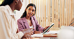 Research, students or women on tablet for university exam in class with information, scholarship or education. Help, economics or project in college with technology, learning or advice for teamwork