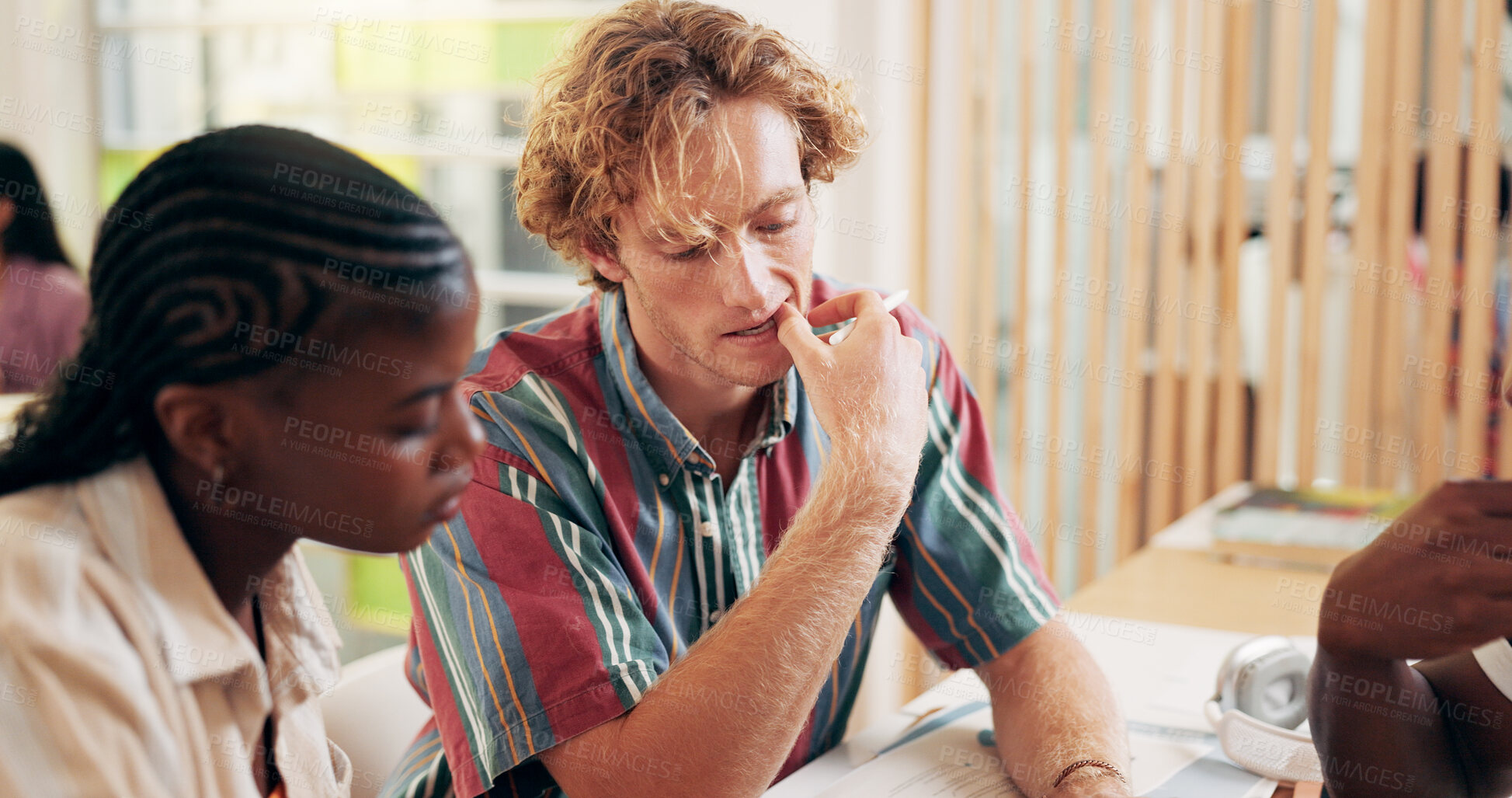 Buy stock photo Teamwork, students or people with project for university exam in class with information, research or education. Planning, friends or reading together in college with school, learning or study help