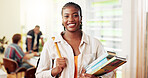 University student, woman and portrait with backpack, books and happy for back to school, learning or development. Person, girl and excited with smile for scholarship, education and bag at college
