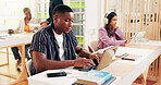College student, man and laptop with typing for research, education or planning with notes for exam in study hall. Person, pc and project for e learning, books or prepare for assessment at university