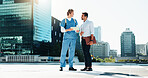 Discussion, city and professor with medical student for support, advice or tips for exam. Conversation, meeting and lecturer with healthcare intern for university test review outdoor in urban town. 