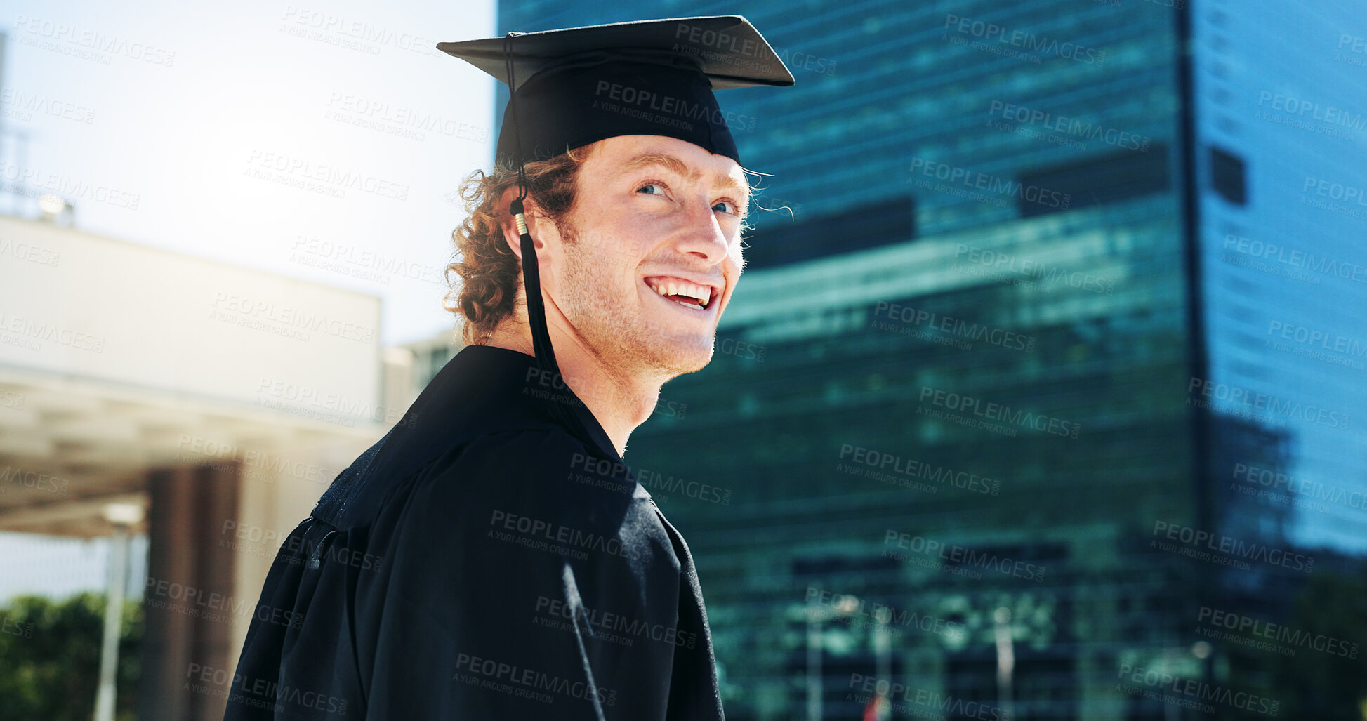 Buy stock photo Graduation, ideas and student with man outdoor for celebration or education event. Future, scholarship and thinking with happy college or university graduate in urban town for milestone or vision