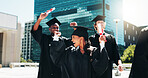 Certificate, city and graduation with student friends outdoor for celebration or education event. Future, scholarship and success with happy college or university group in urban town for milestone