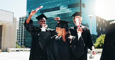 Buy stock photo Certificate, city and graduation with student friends outdoor for celebration or education event. Future, scholarship and success with happy college or university group in urban town for milestone