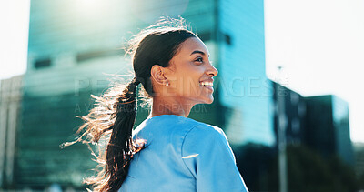 Buy stock photo Smile, woman and nursing student in city for medical study, planning and ideas for healthcare opportunity. Thinking, person and morning commute with nurse internship, academic scholarship and program