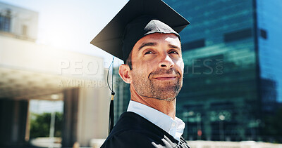 Buy stock photo City, graduation and thinking with man student outdoor for celebration or education event. Future, scholarship and vision with happy college or university graduate in urban town for milestone