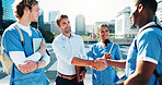 Medical students, happy people and shaking hands for support, agreement or residency completion. Healthcare nurse, outdoor and greeting lecturer for praise, congratulations or education goal in city