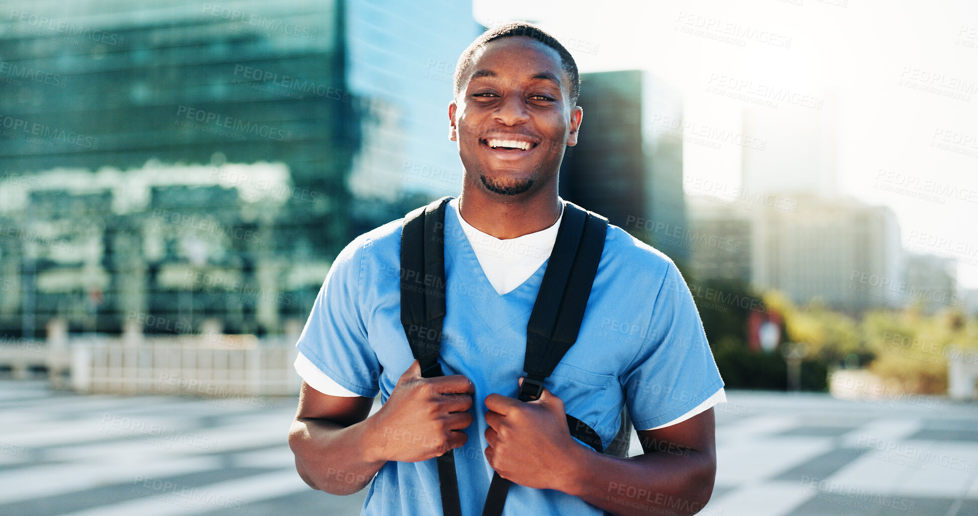 Buy stock photo Portrait, black man and medical student in city of healthcare study, about us and education ambition. Male person, backpack and morning commute of nursing internship, academic scholarship and program