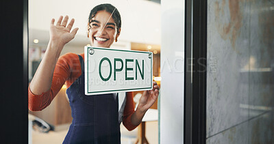 Buy stock photo Open sign, cafe and woman in small business, smile and entrepreneur with new store, welcome and door. Startup, retail and person with poster for coffee shop, server and advertisement for entrance