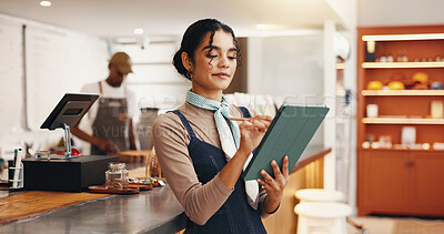 Buy stock photo Employee, typing or woman in coffee shop, tablet or friendly service with supply chain. Retail person, restaurant manager or business owner in cafe, tech or with digital app for menu or ecommerce