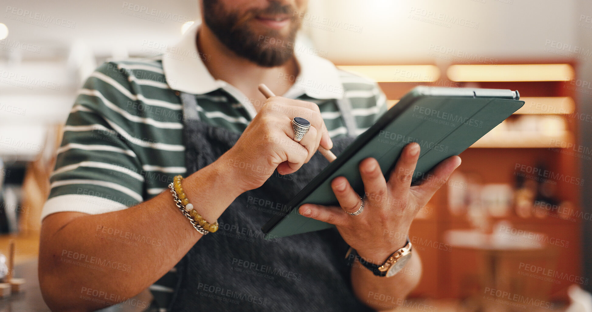 Buy stock photo Tablet, hands and planning with man in cafe for inventory checklist, restaurant stock order and small business. Hospitality, store and menu idea with closeup of person in coffee shop for barista sale