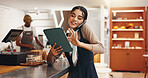 Tablet, phone call and scroll with woman in cafe for inventory checklist, restaurant stock order and small business. Hospitality, store and menu planning with person in coffee shop for barista sales