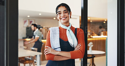 Buy stock photo Small business, happy and woman with arms crossed, cafe and waitress with smile in new store or confident. Portrait, entrepreneur and barista in coffee shop, retail and excited for opening of startup