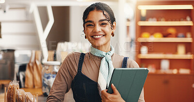 Buy stock photo Tablet, portrait and waitress with woman in cafe for inventory checklist, restaurant stock order and small business. Hospitality, store and menu planning with person in coffee shop for barista sales