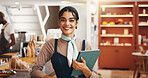 Tablet, smile and waitress with woman in cafe for inventory checklist, restaurant stock order and sales. Hospitality, store and menu planning with portrait of person in coffee shop for barista update